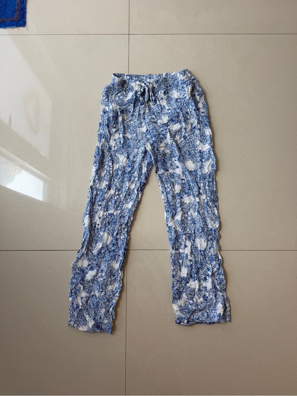 American Apparel White Drawstring Pants with Blue Floral Print